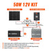 Wiring installation diagram for the Rich Solar 50W 12V solar kit, showing step-by-step electrical connections between the 50W solar panel, 10A inline fuse, 20A MPPT charge controller, 12V battery, and power inverter.