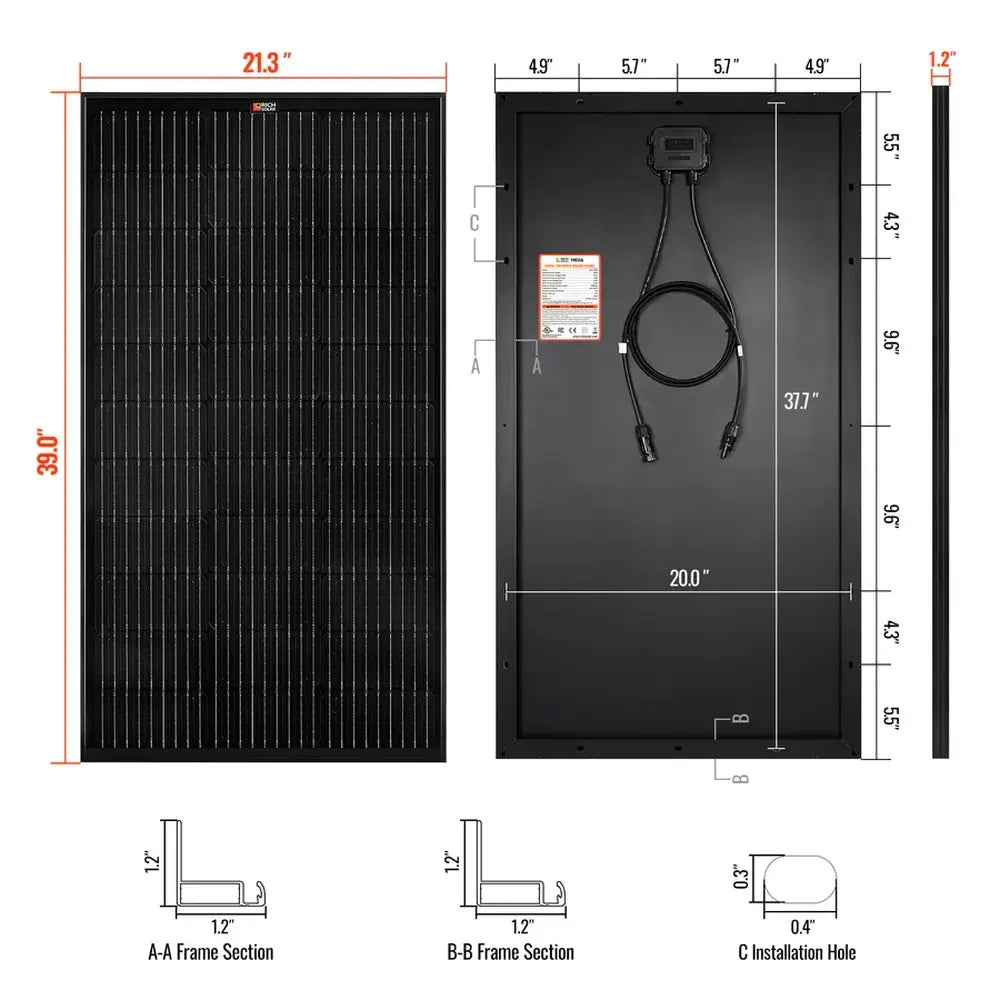 Technical schematic and dimensional blueprint for the all-black Rich Solar MEGA 100W solar panel (RS-M100B) detailing frame cross-sections and installation holes.