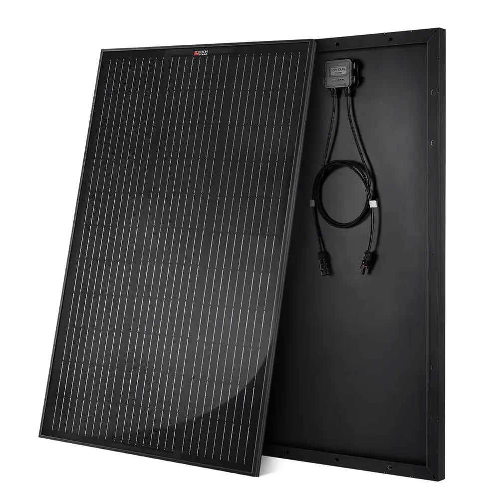 Front and rear view of the all-black Rich Solar MEGA 100W 12V monocrystalline solar panel with a black frame and coiled cables.