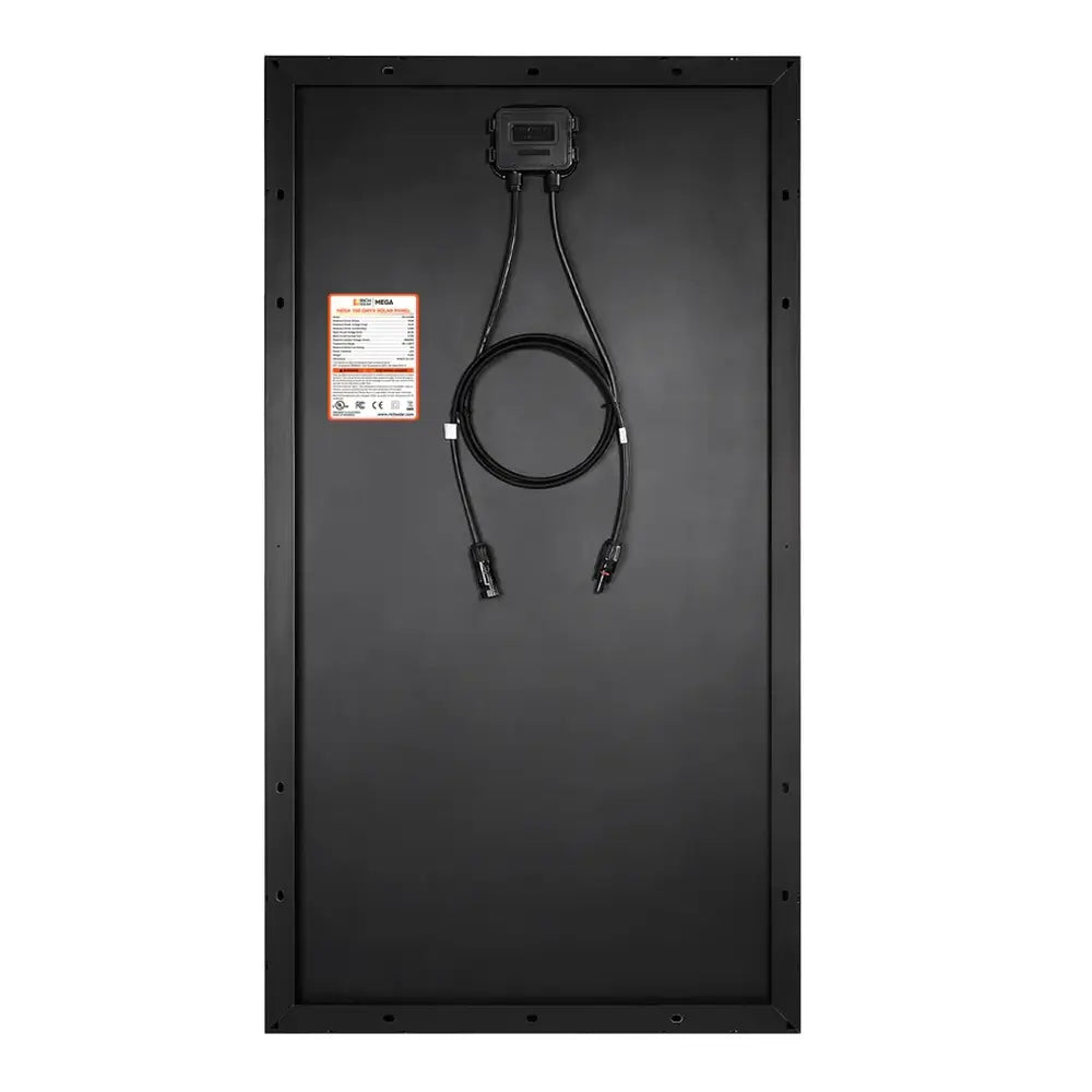Full rear view of the black-frame Rich Solar MEGA 100W solar panel featuring a matching black backsheet, central junction box, and coiled wire leads.