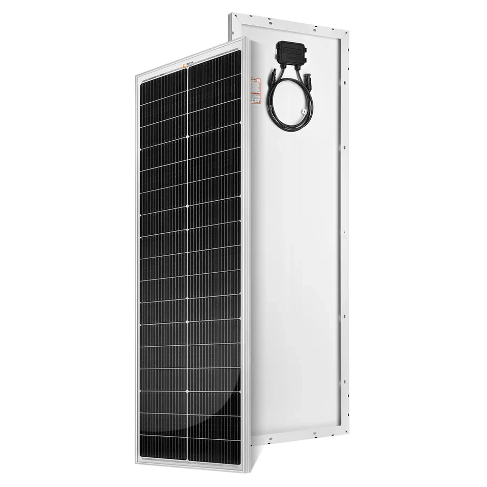 Front and back view of the silver-framed Rich Solar Mega 100 Slim 100W monocrystalline solar panel displaying cell arrangement and attached junction box.