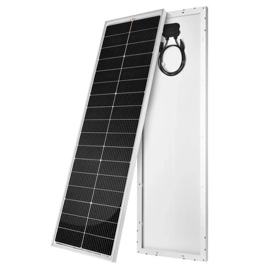 Angled product view of two Rich Solar Mega 100 Slim 100W solar panels showcasing the thin profile and silver anodized aluminum frame.