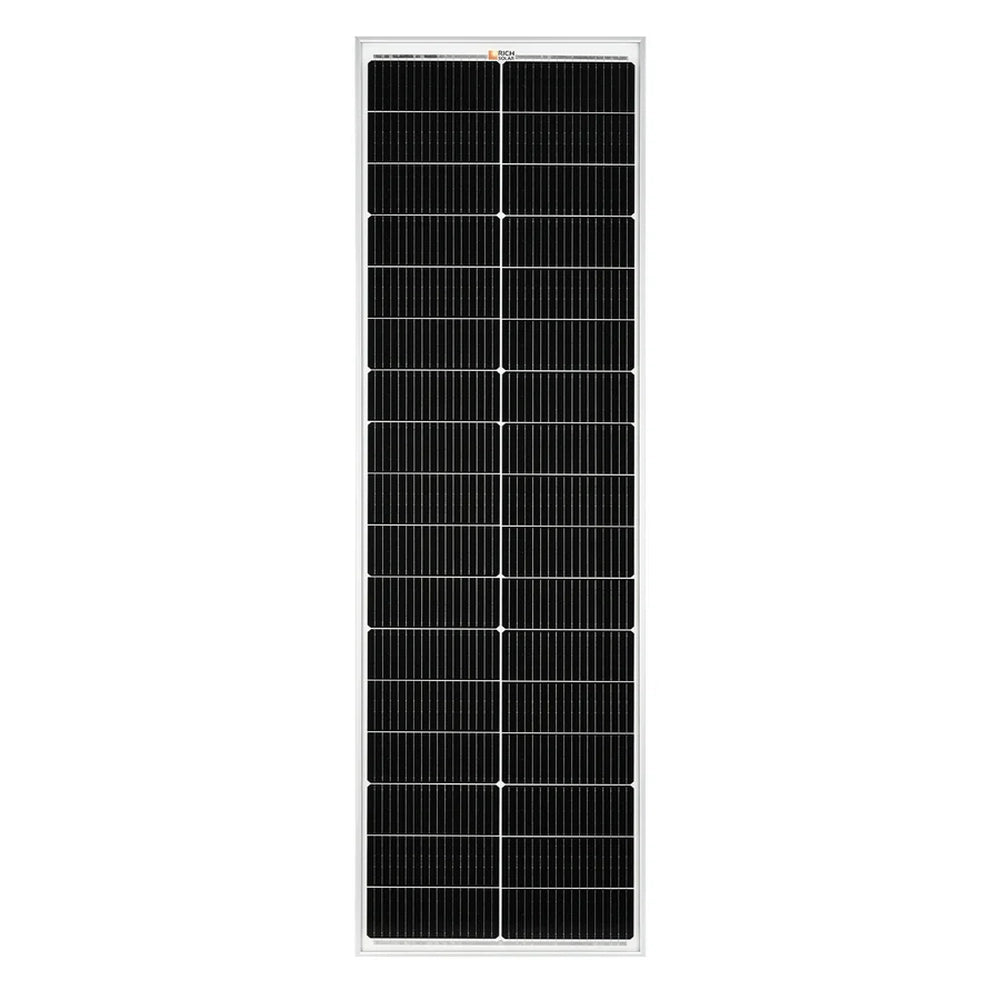 Direct front view of a vertical silver-framed Rich Solar Mega 100 Slim 100W monocrystalline solar panel with distinct grid line layout.