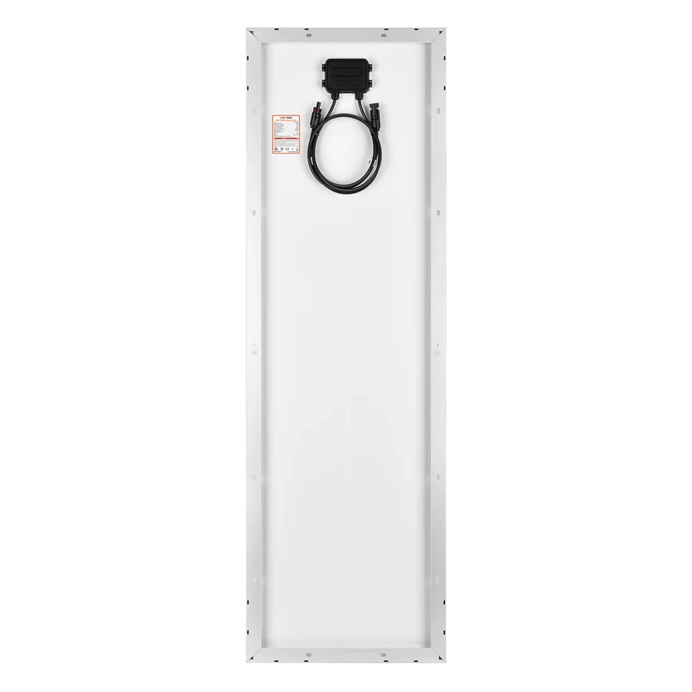 Rear view of a vertical Rich Solar Mega 100 Slim solar panel with a white backsheet, pre-drilled mounting holes, and looped output cables.