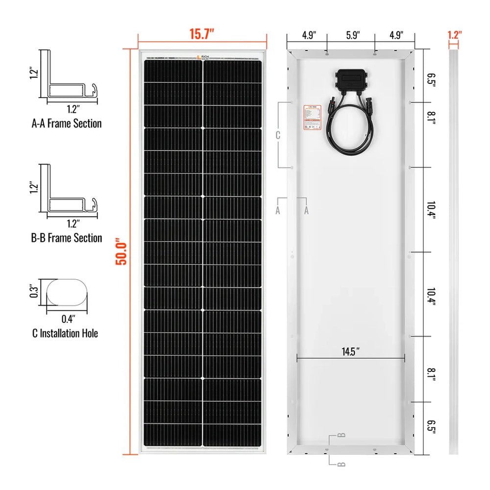 Technical specification diagram for the silver-frame Rich Solar Mega 100 Slim 100W solar panel highlighting frame sections, installation hole dimensions, and overall panel size.