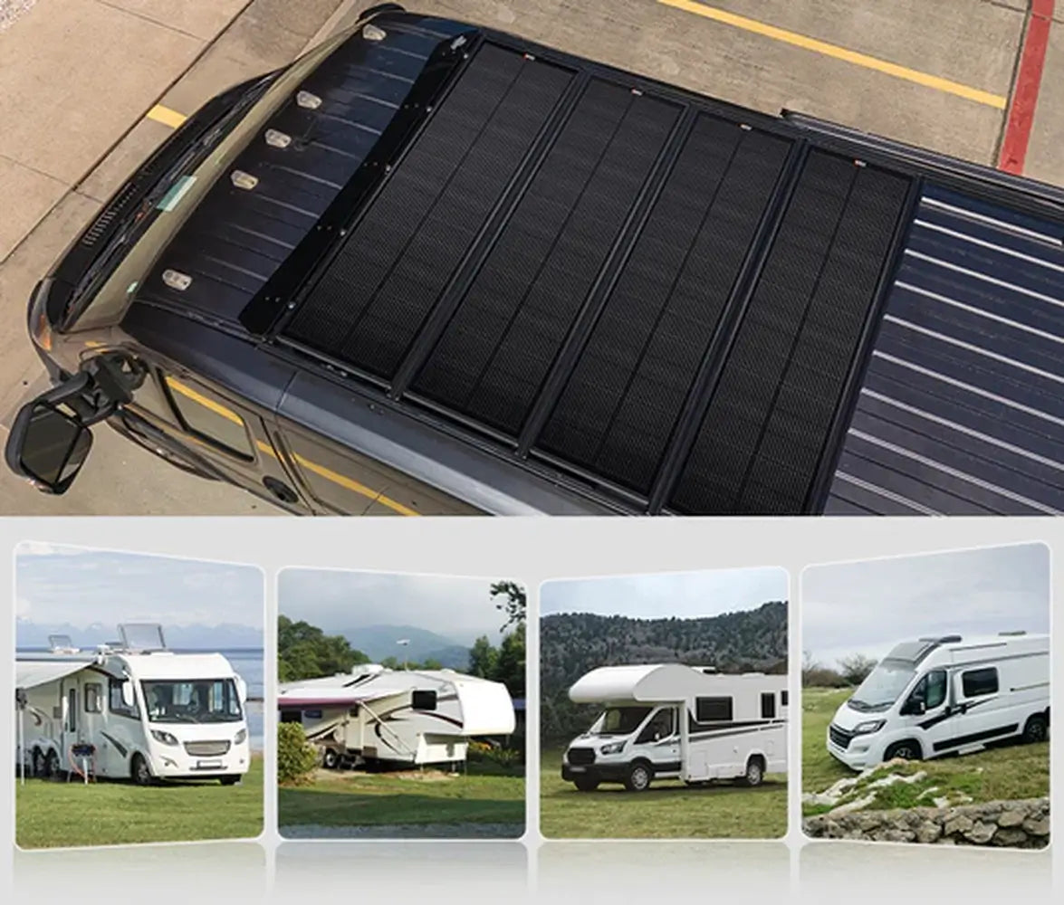 Five Rich Solar Mega 100 Slim solar panels mounted on a black van roof with inset examples of RV and campervan installations.