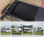 Five Rich Solar Mega 100 Slim solar panels mounted on a black van roof with inset examples of RV and campervan installations.