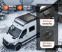 Weatherproof durability infographic for the Rich Solar 100W slim panel showing a van in the snow with callouts for 5400 Pa snow load, 2400 Pa wind load, and IP67 rated junction box and connectors.