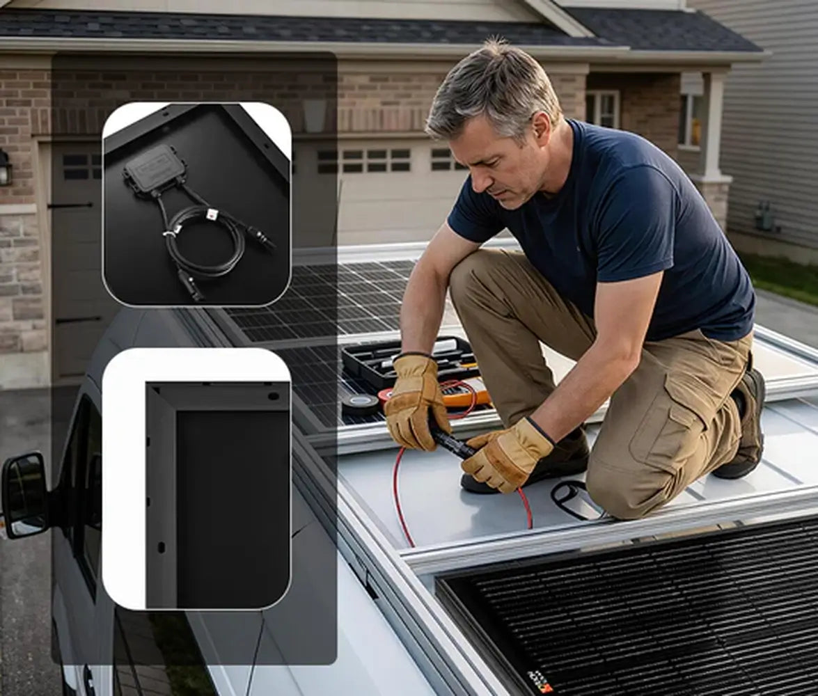 A man wearing work gloves installs a solar panel on a campervan roof with inset graphics showcasing the pre-wired junction box loop and the sleek black corner frame design.
