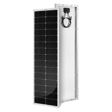 Front and back view of the Rich Solar MEGA 100 Slim 100W monocrystalline solar panel showcasing the black solar cells, silver aluminum frame, and rear junction box.