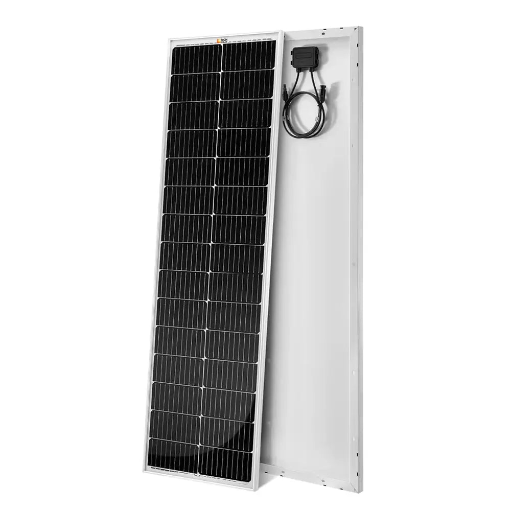wo Rich Solar MEGA 100 Slim solar panels positioned side-by-side at an angle to display both front monocrystalline cells and rear wiring components.
