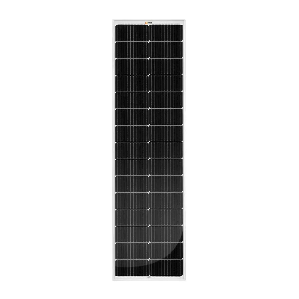 Vertical front-facing view of a single Rich Solar MEGA 100 Slim 100W solar panel with a narrow profile and dark monocrystalline cell grid.