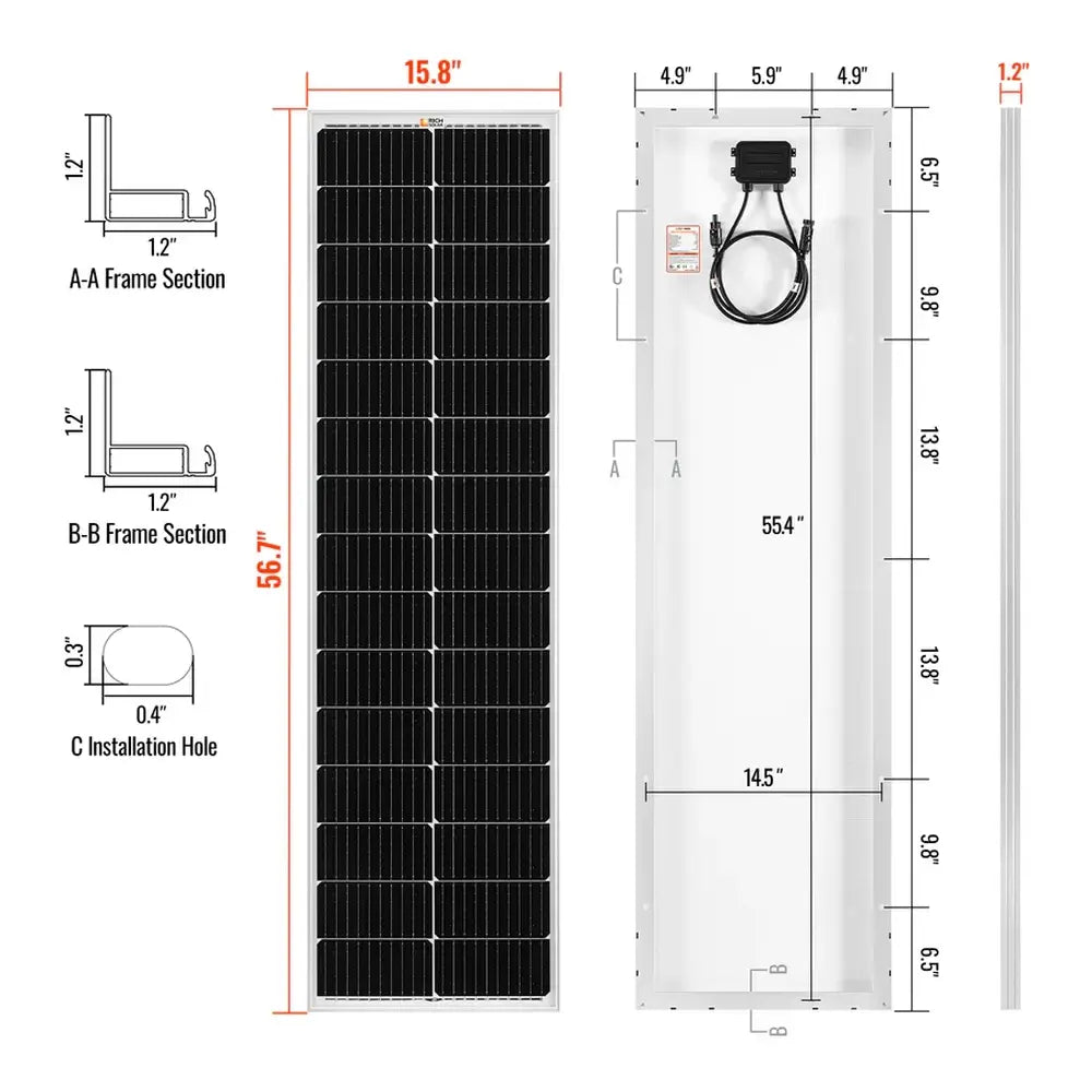 Rear view of the Rich Solar MEGA 100 Slim solar panel highlighting the white backsheet, pre-drilled mounting holes, and top-mounted junction box with MC4 cables.