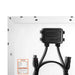Close-up of the PV-SY-005 junction box, specification label, and MC4 connectors on the back of a Rich Solar MEGA 100 Slim solar panel.