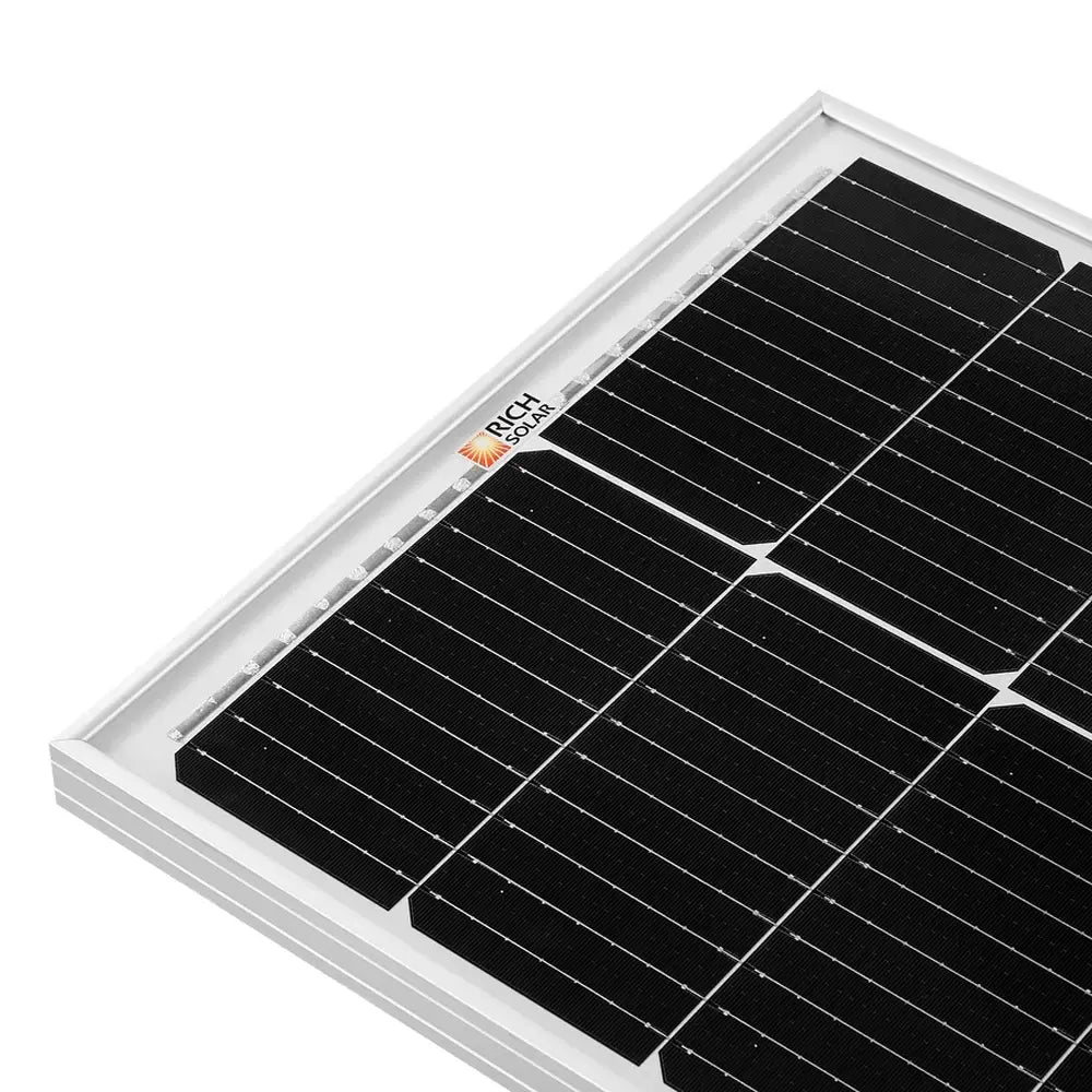 Close-up of the Rich Solar brand logo on the silver anodized aluminum frame corner of a monocrystalline solar panel.