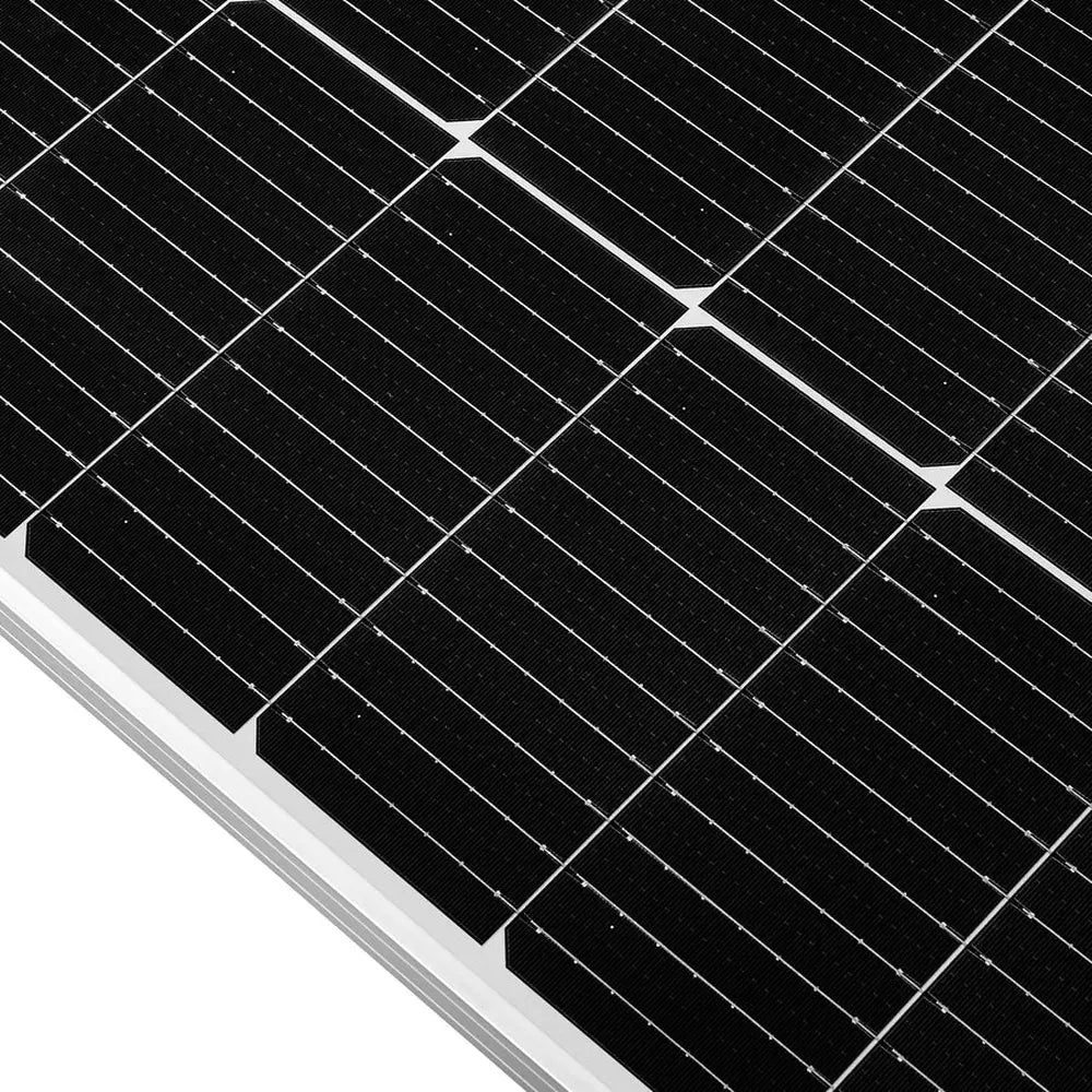 Macro texture shot of the high-efficiency black monocrystalline solar cells and grid busbars on a Rich Solar panel.