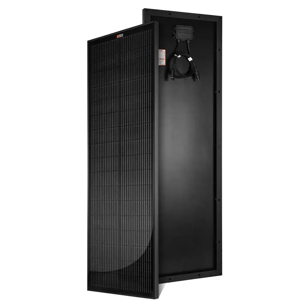 Front and back view of the all-black Rich Solar Mega 100 Slim Onyx 100W solar panel showing the sleek grid and junction box.