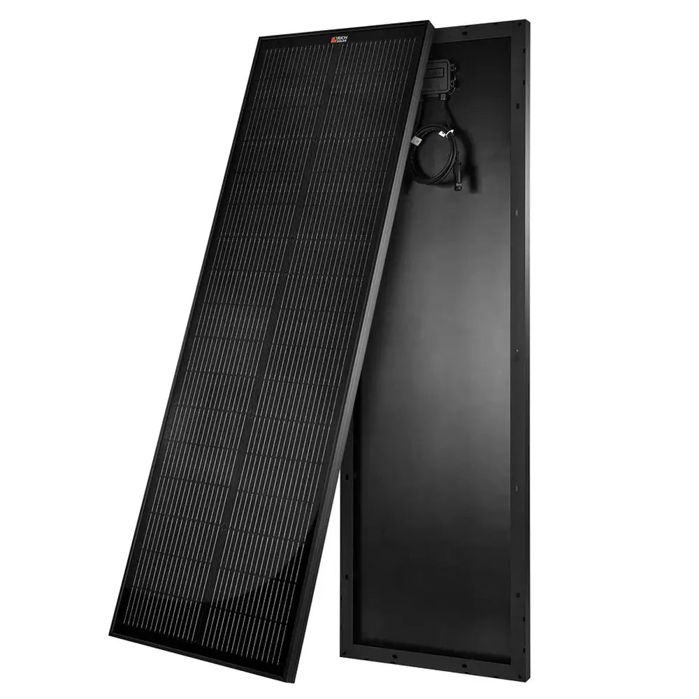 Angled product view of two Rich Solar Mega 100 Slim Onyx 100W panels displaying the thin profile and back sheet wiring.