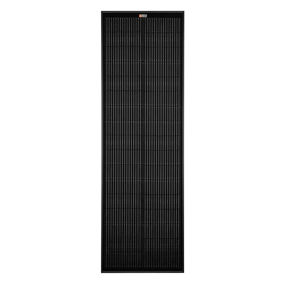 Direct front view of a vertical Rich Solar Mega 100 Slim Onyx 100W monocrystalline solar panel with distinct vertical grid lines.