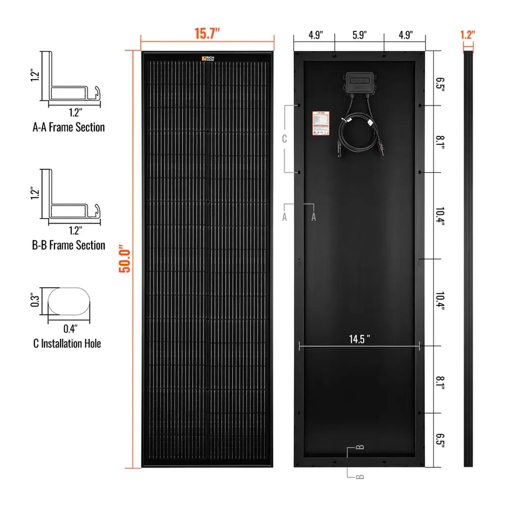 Technical dimension diagram for the Rich Solar Mega 100 Slim 100W solar panel specifying height, width, and frame thickness.