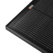 Close-up of the top corner of a Rich Solar Mega 100 Slim Onyx solar panel showcasing the black aluminum frame and logo.