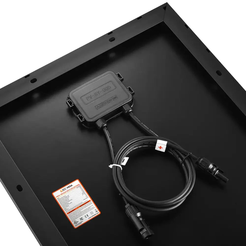 Detailed view of the waterproof junction box, MC4 solar cables, and specification sticker on a Rich Solar 100W slim panel.