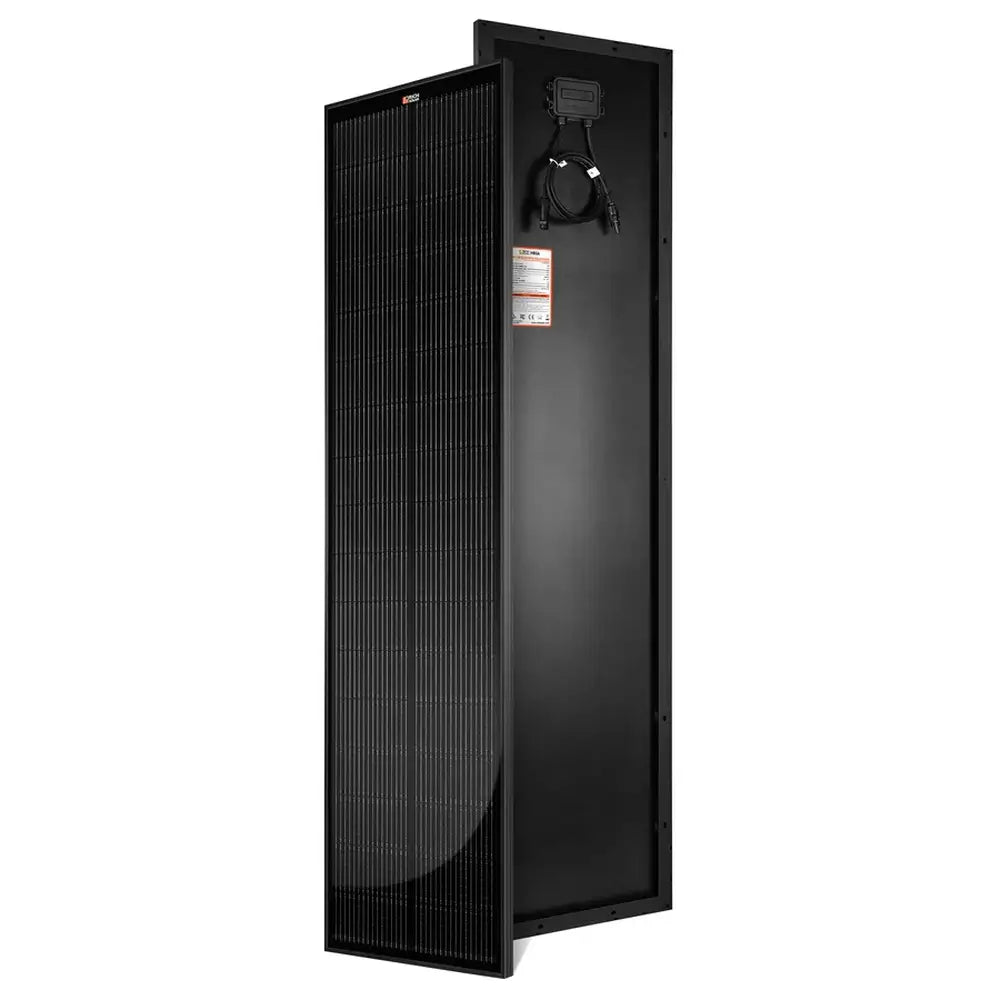 Front and back view of the Rich Solar MEGA 130W Slim Black Frame Solar Panel showcasing its sleek all-black aesthetics and narrow profile.