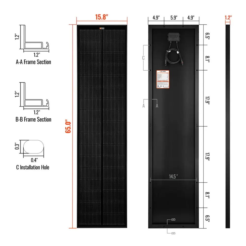 Dimension and profile schematic for the Rich Solar MEGA 130W Slim Black Frame Solar Panel with measurements detailing its 65.0-inch length and 15.8-inch width.