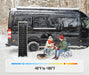Rich Solar MEGA 130 Slim Solar Panel standing in the snow next to a black conversion van with a graphic overlay showing an operating temperature range of -40°F to +185°F.