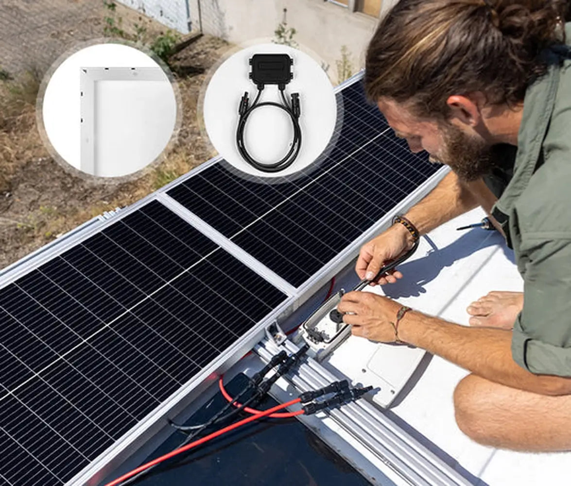 Man installing and wiring multiple Rich Solar MEGA 130W Slim monocrystalline panels on an RV roof, with inset highlights showing the aluminum frame and junction box.