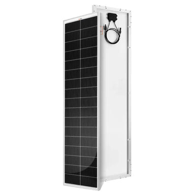 Front and back view of the Rich Solar MEGA 130W Slim Solar Panel highlighting its long, narrow form factor and aluminum frame.