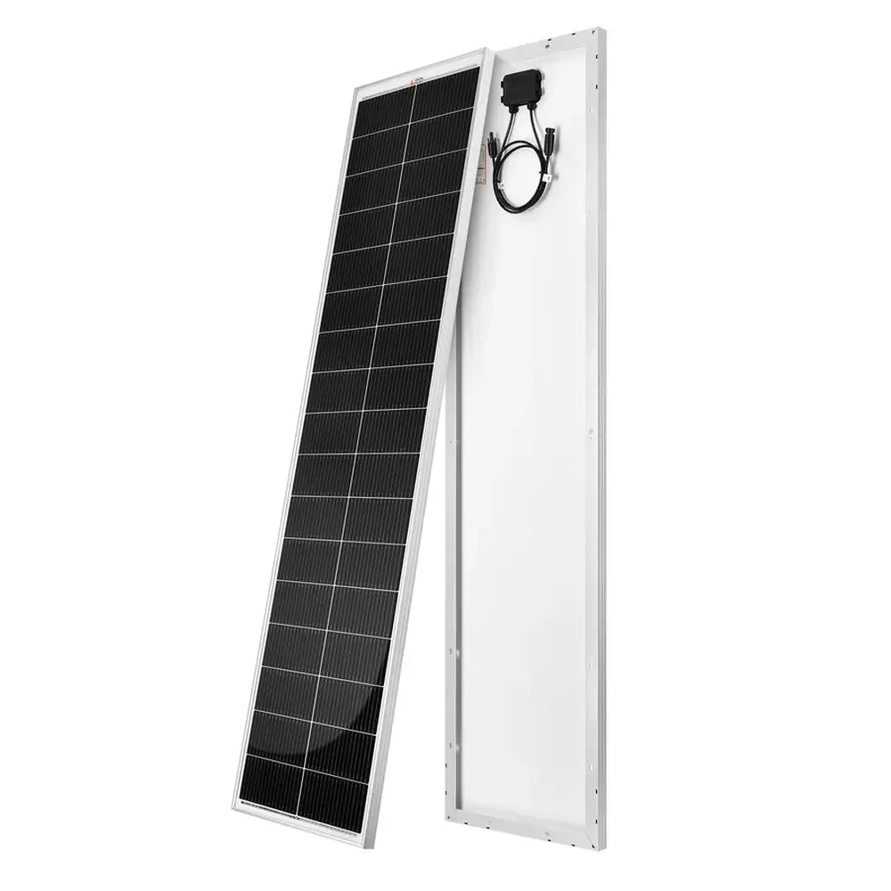 Angled showcase of the Rich Solar 130W Mega Slim monocrystalline solar panel detailing its front cell layout and rear junction box.