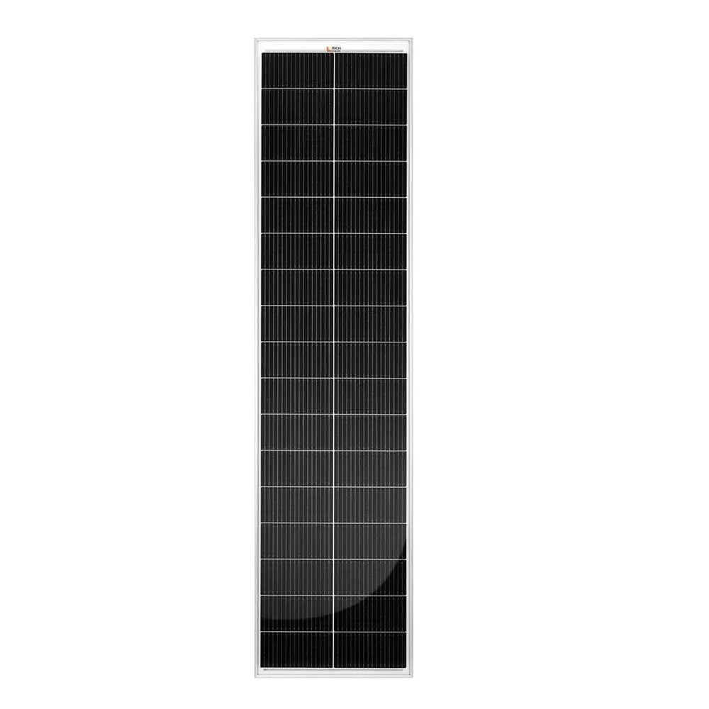 Top-down full view of the Rich Solar MEGA 130 Slim monocrystalline solar panel surface showing the grid layout.