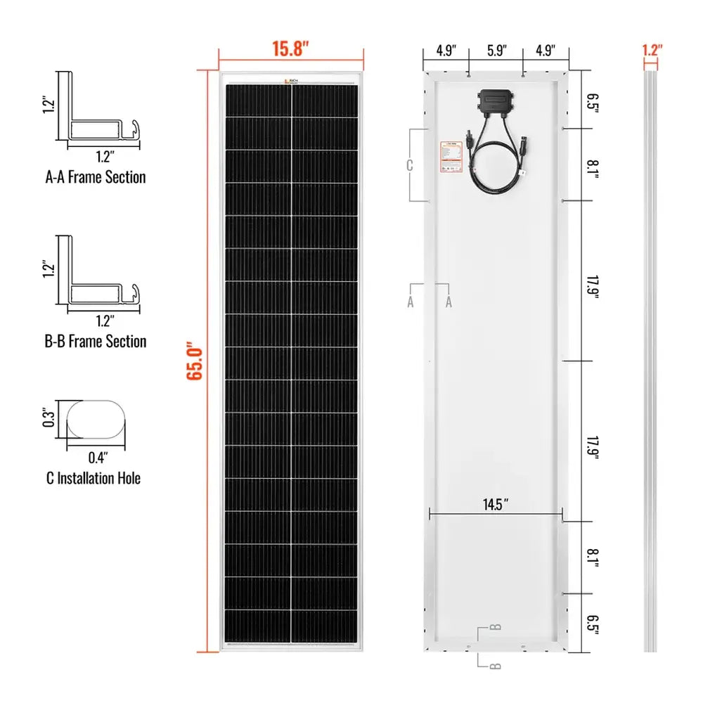 Dimension schematic for Rich Solar MEGA 130W Slim Solar Panel showing 65.0-inch length, 15.8-inch width, and 1.2-inch frame profile.