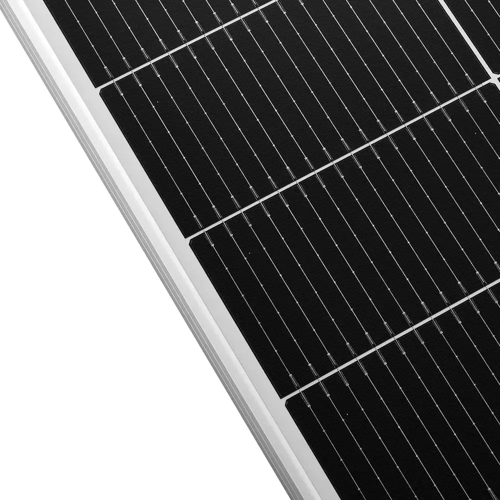 Detailed close-up view of the high-efficiency monocrystalline cells on a Rich Solar MEGA solar panel.