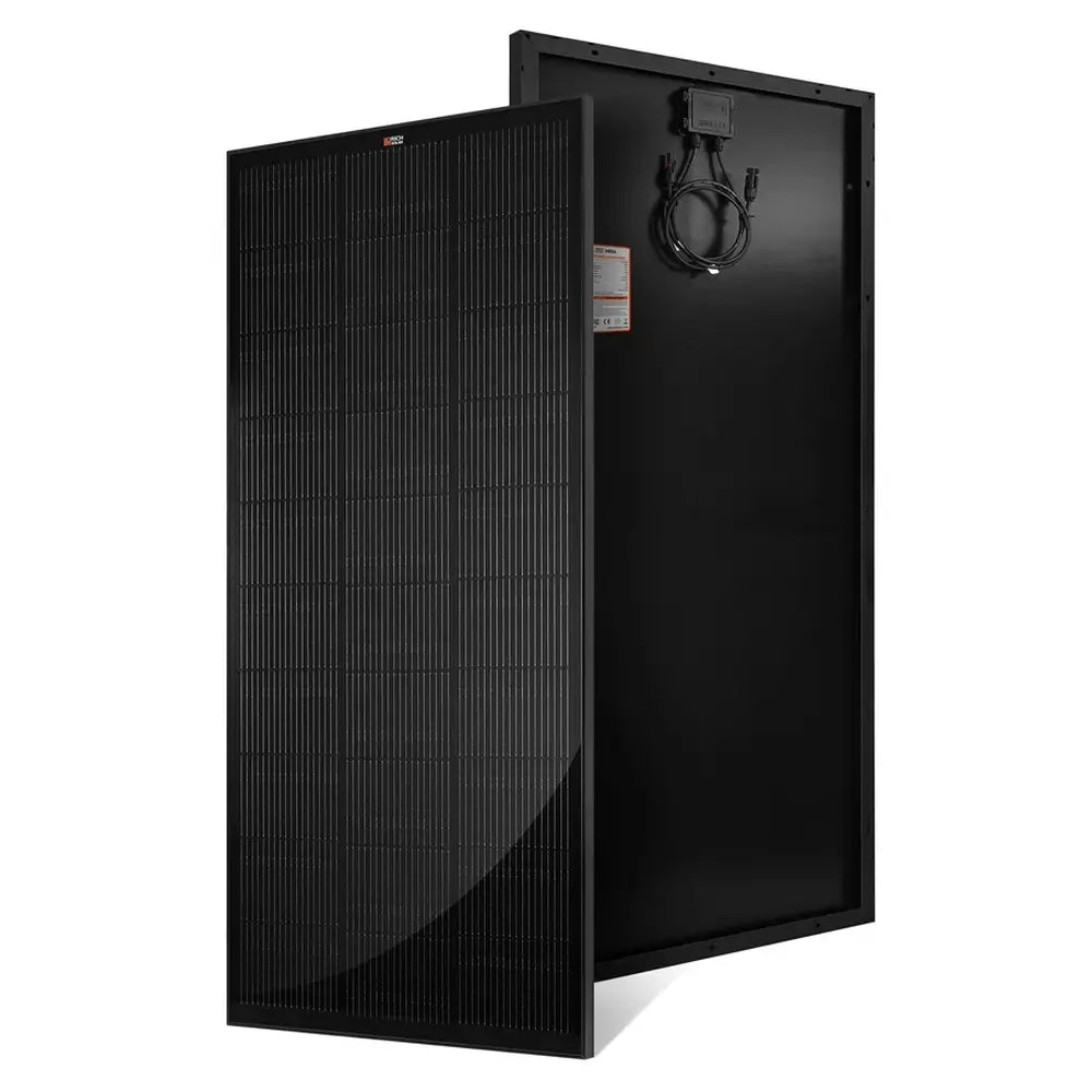 Front and rear view of the all-black Rich Solar MEGA 200W monocrystalline solar panel.