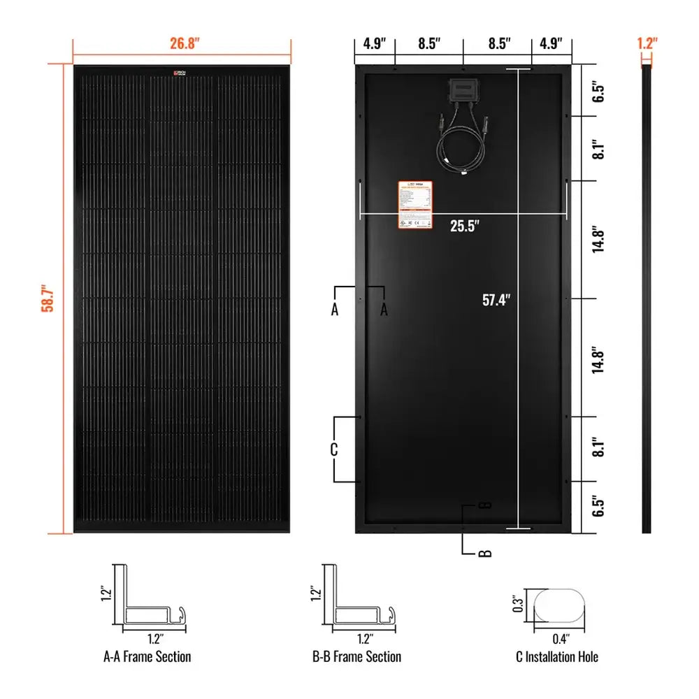 Detailed dimension drawing of the Rich Solar MEGA 200W solar panel, including frame sections and installation holes.