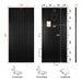 Detailed dimension drawing of the Rich Solar MEGA 200W solar panel, including frame sections and installation holes.