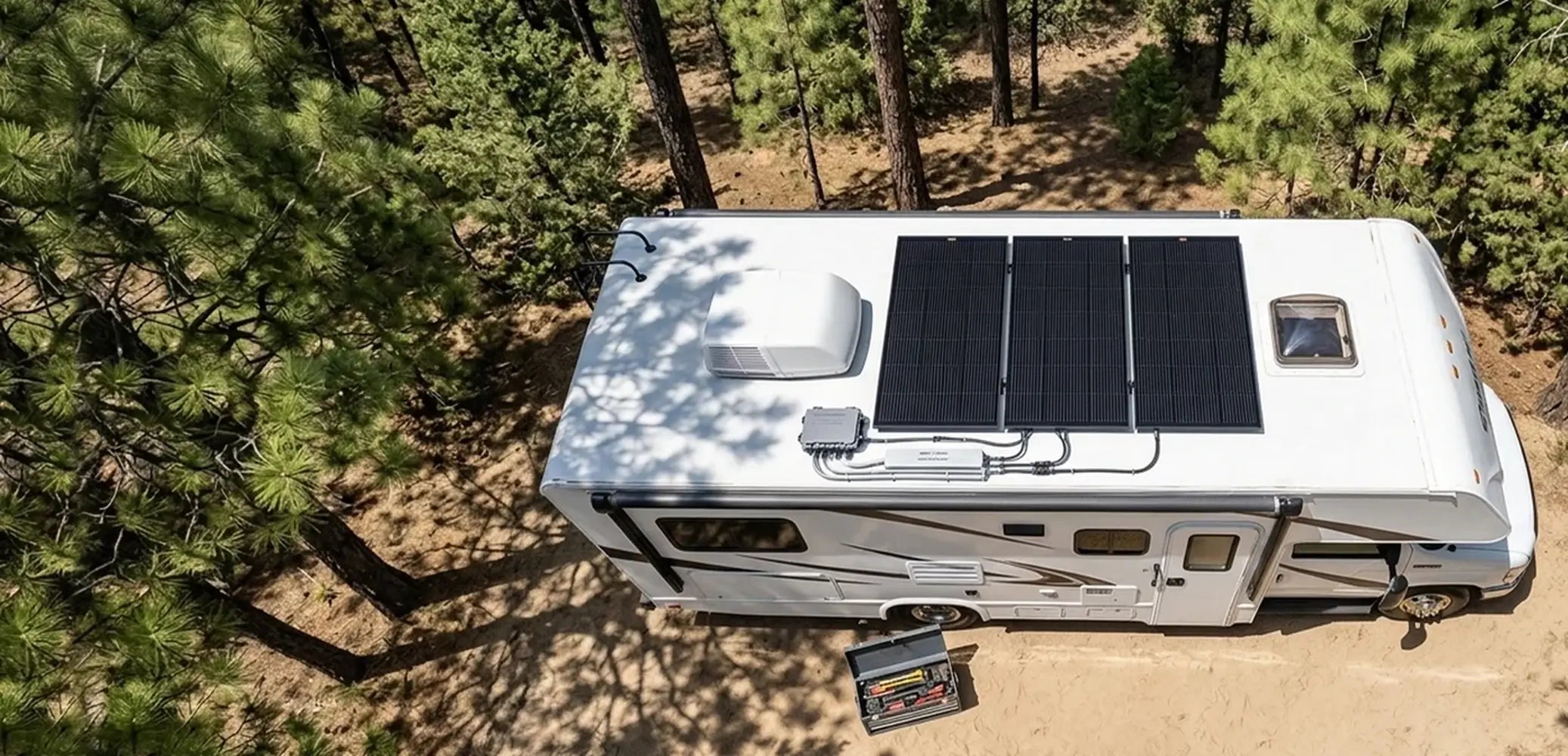Three Rich Solar MEGA 200W solar panels installed on the roof of a recreational vehicle.