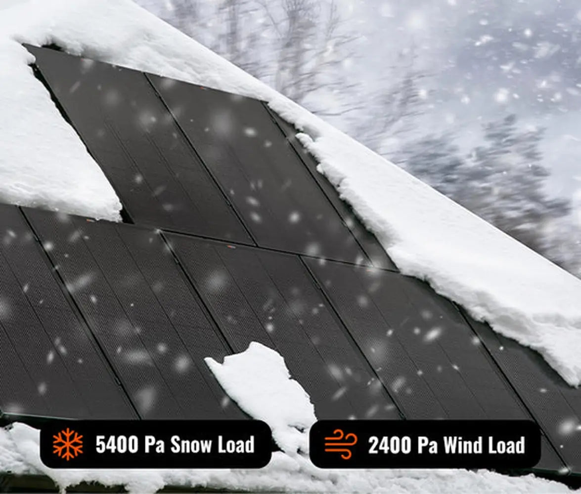 Rich Solar MEGA 200W solar panels mounted on a roof covered in snow, demonstrating high load capacity.