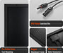 Infographic showing key features of the Rich Solar MEGA 200W solar panel: pre-drilled holes, IP67 junction box, and rugged frame.