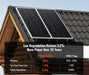 Rich Solar N-Type TopCon 200W solar panels on a cabin roof with a specification chart showing 25% efficiency and low degradation.