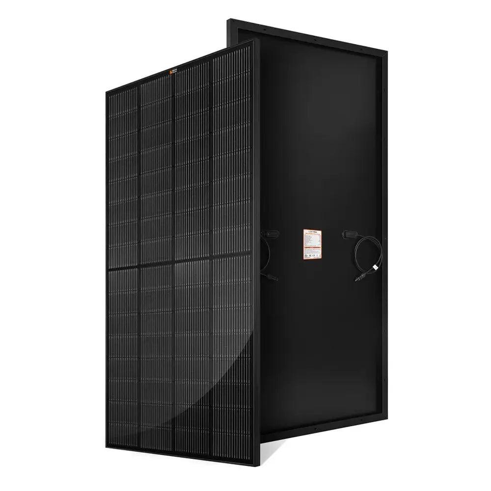 Front and back view of the all-black Rich Solar 250W monocrystalline solar panel (RS-M250B) showing its sleek black frame, black cells, and matching black backsheet.