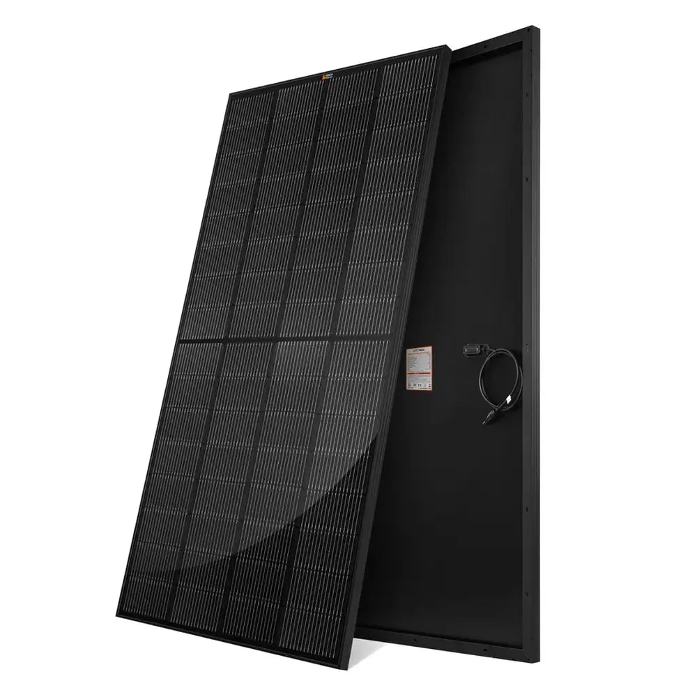 Angled product view of the all-black Rich Solar 250W solar panel showcasing the premium aesthetic of its black monocrystalline cells and dual rear junction boxes.