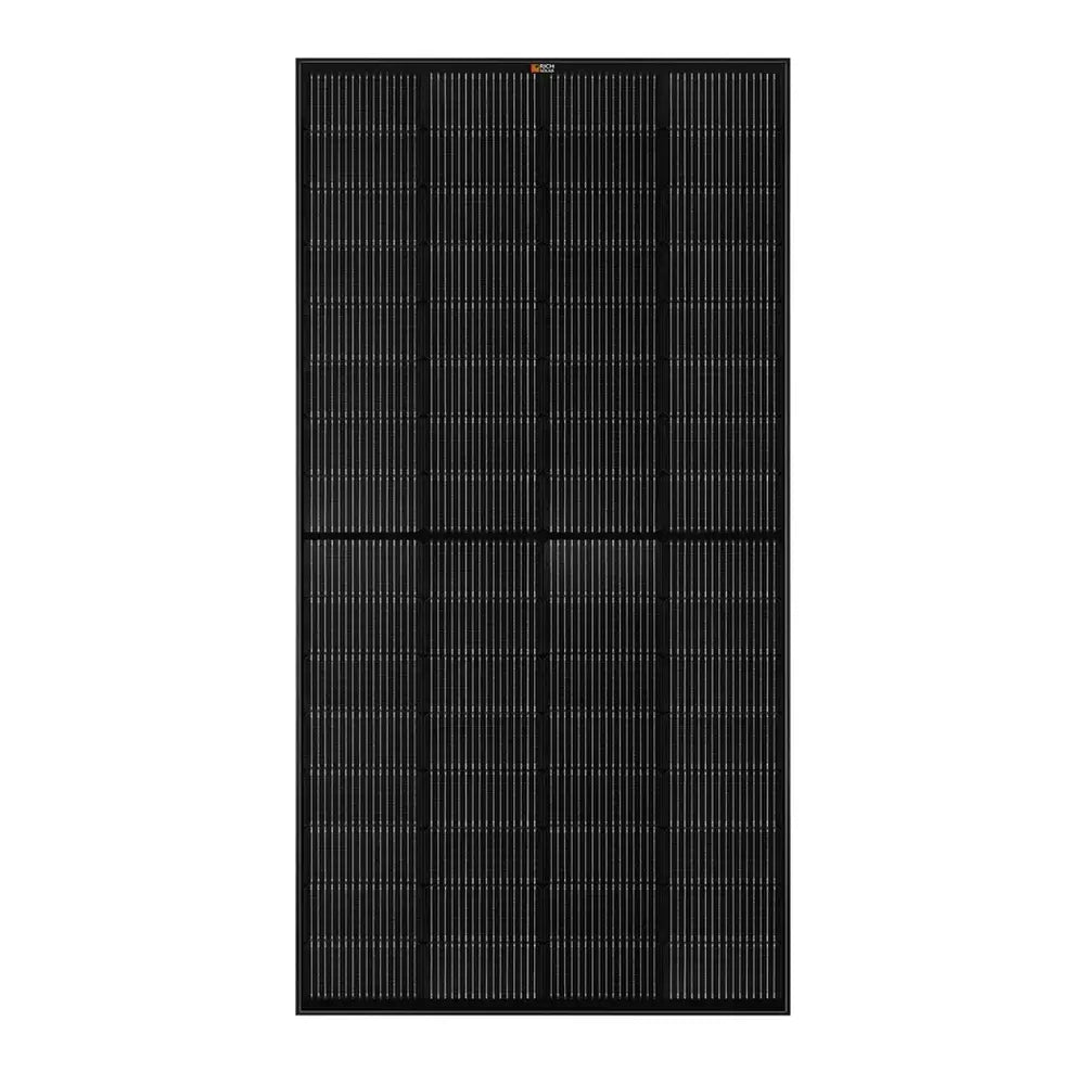 Direct front view of the Rich Solar RS-M250B 250W all-black monocrystalline solar panel highlighting its uniform dark grid pattern and minimalist design.