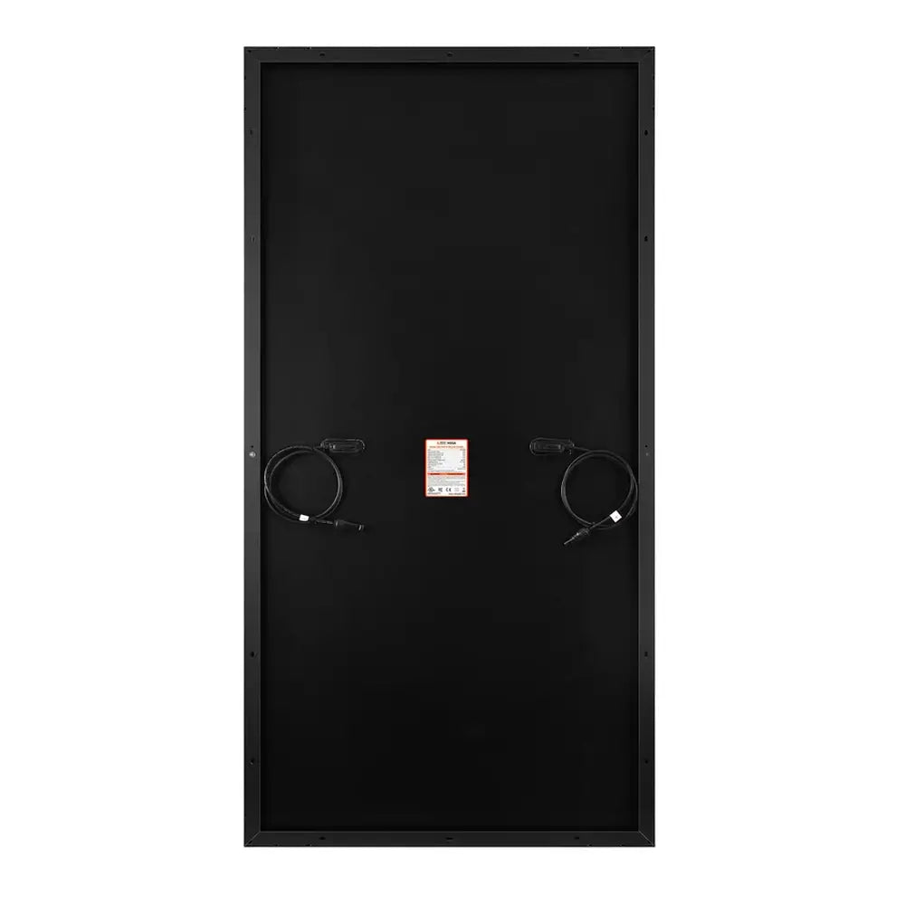 Full rear view of the all-black Rich Solar 250W solar panel featuring the matte black backsheet, technical specification label, and pre-wired split junction boxes.
