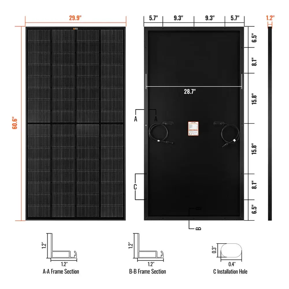 Comprehensive technical dimension blueprint and frame cross-section diagram for the all-black Rich Solar 250W solar panel model RS-M250B.