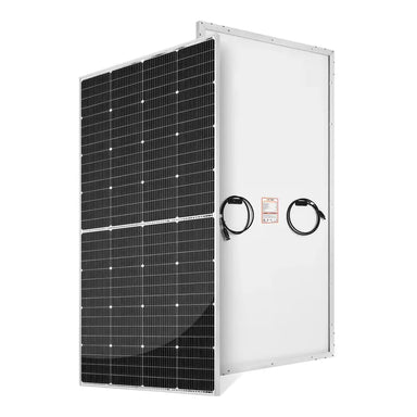 Front and back studio product view of the Rich Solar MEGA 250 PRO 24V solar panel model featuring a silver aluminum frame and white backsheet.