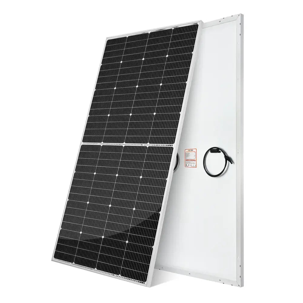 Angled studio product view showcasing the front monocrystalline cells and white backsheet of a silver-framed Rich Solar MEGA 250 PRO 24V solar panel.