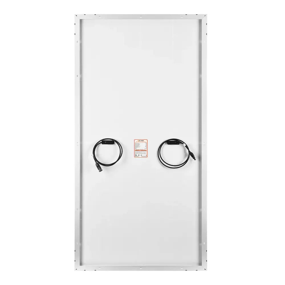 Rear view of the silver-framed Rich Solar MEGA 250 PRO 24V solar panel detailing the white backsheet, center specification label, and pre-attached MC4 cables.